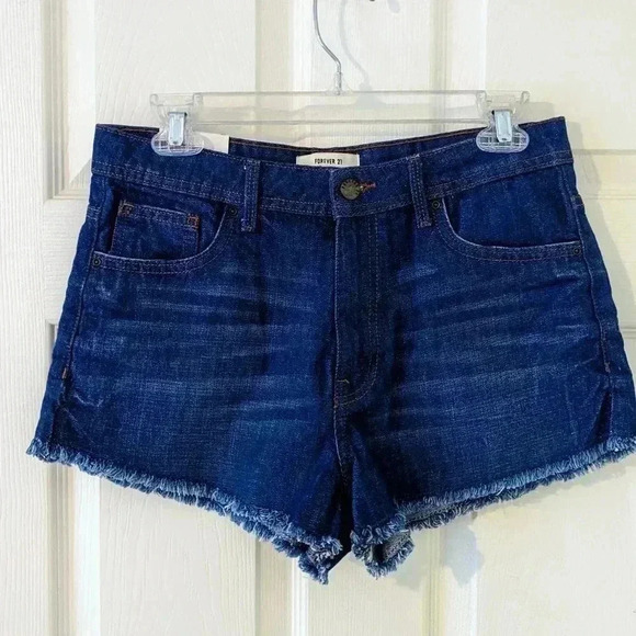 Forever 21 Raw Hem Fringe High Waist Blue Stretch Denim Jean Shorts Size 27 NWT - Picture 1 of 7